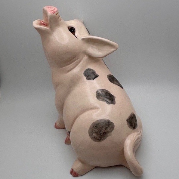Vintage Ceramic Spotted Pig Figurine Pink Grey Sow Statue Farmhouse Decor 10in