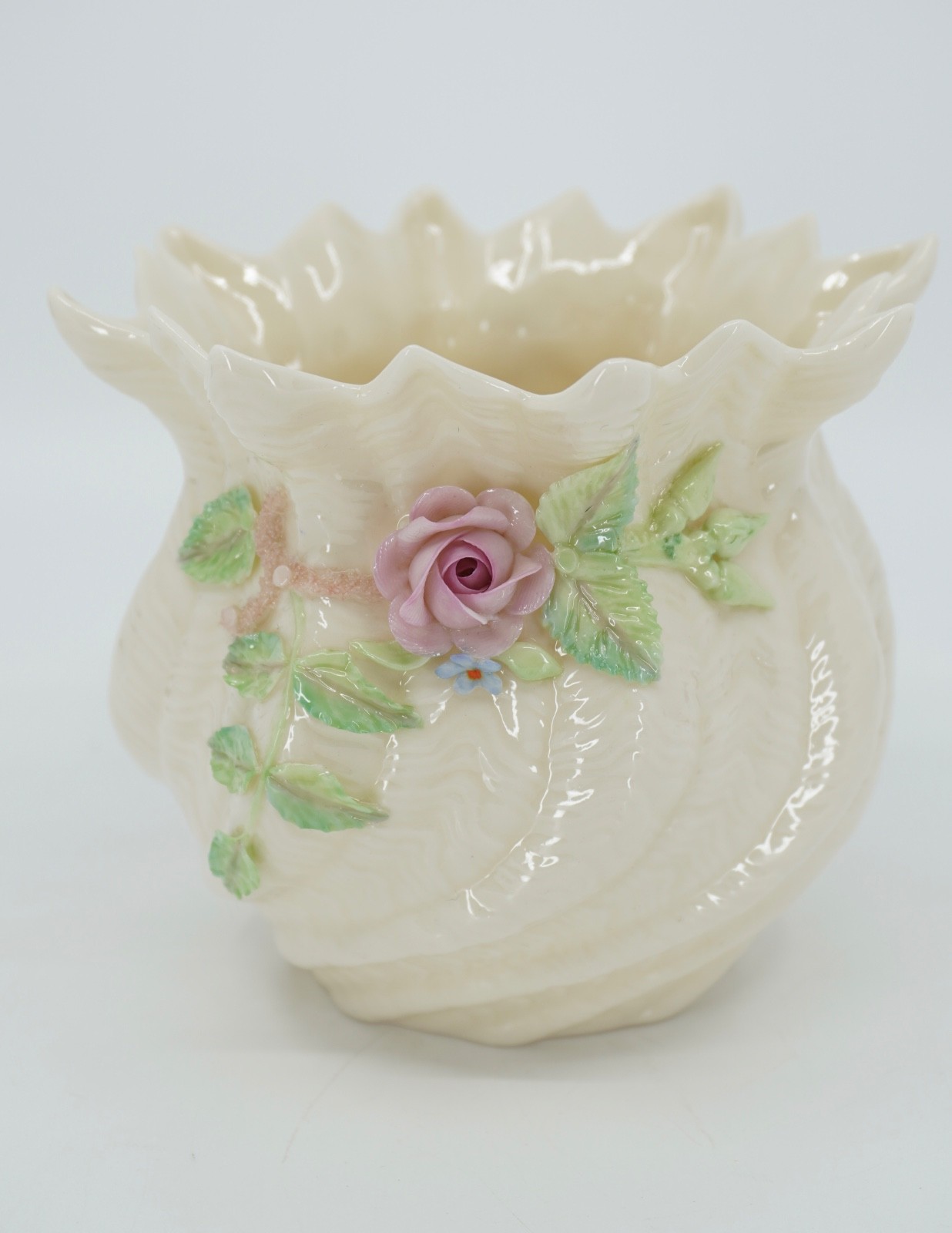 Belleek Ireland Parian China Rose Shamrock Cachepot Vase Reg 0857 VG