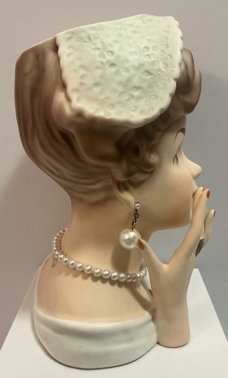 VINTAGE RELPO K1402 LADY HEAD VASE W/ HAND ORIGINAL PEARL JEWELRY STUNNING MCM