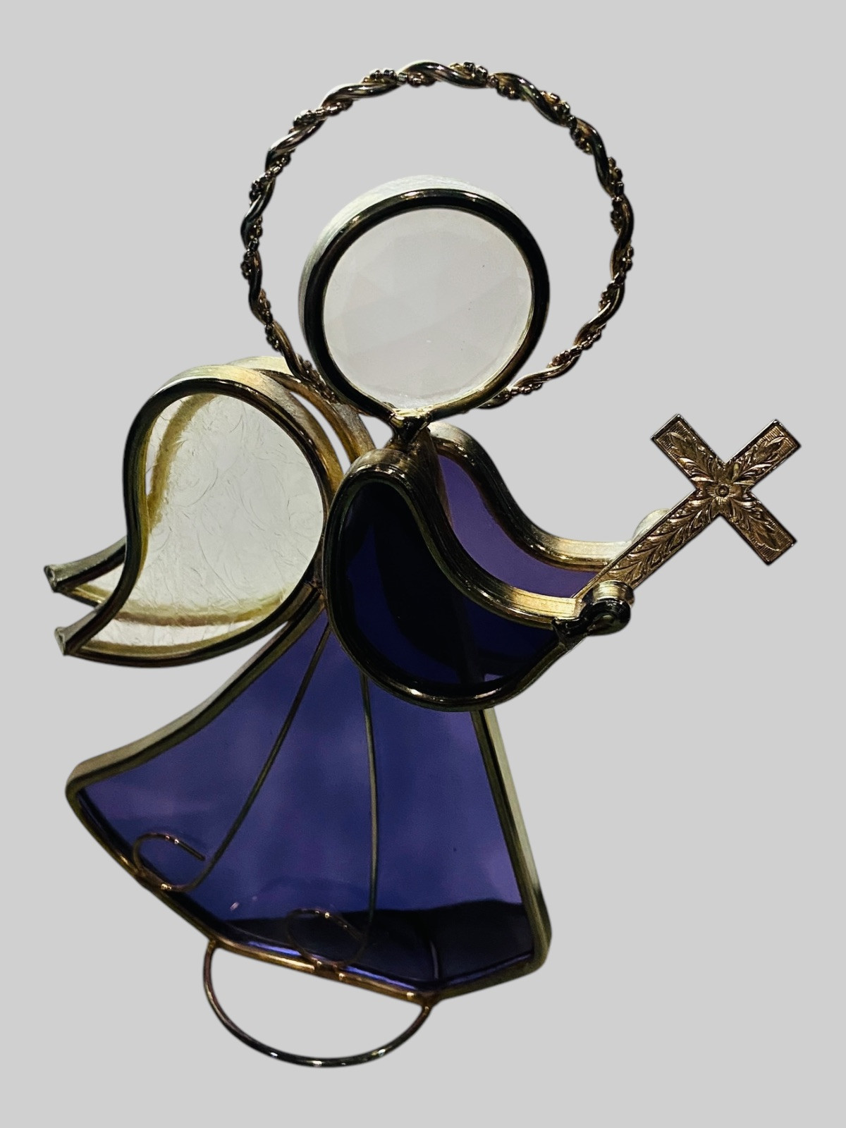 Vtg Stained Glass Purple Angel Figurine Crystal Head Embossed Cross Signed ’93