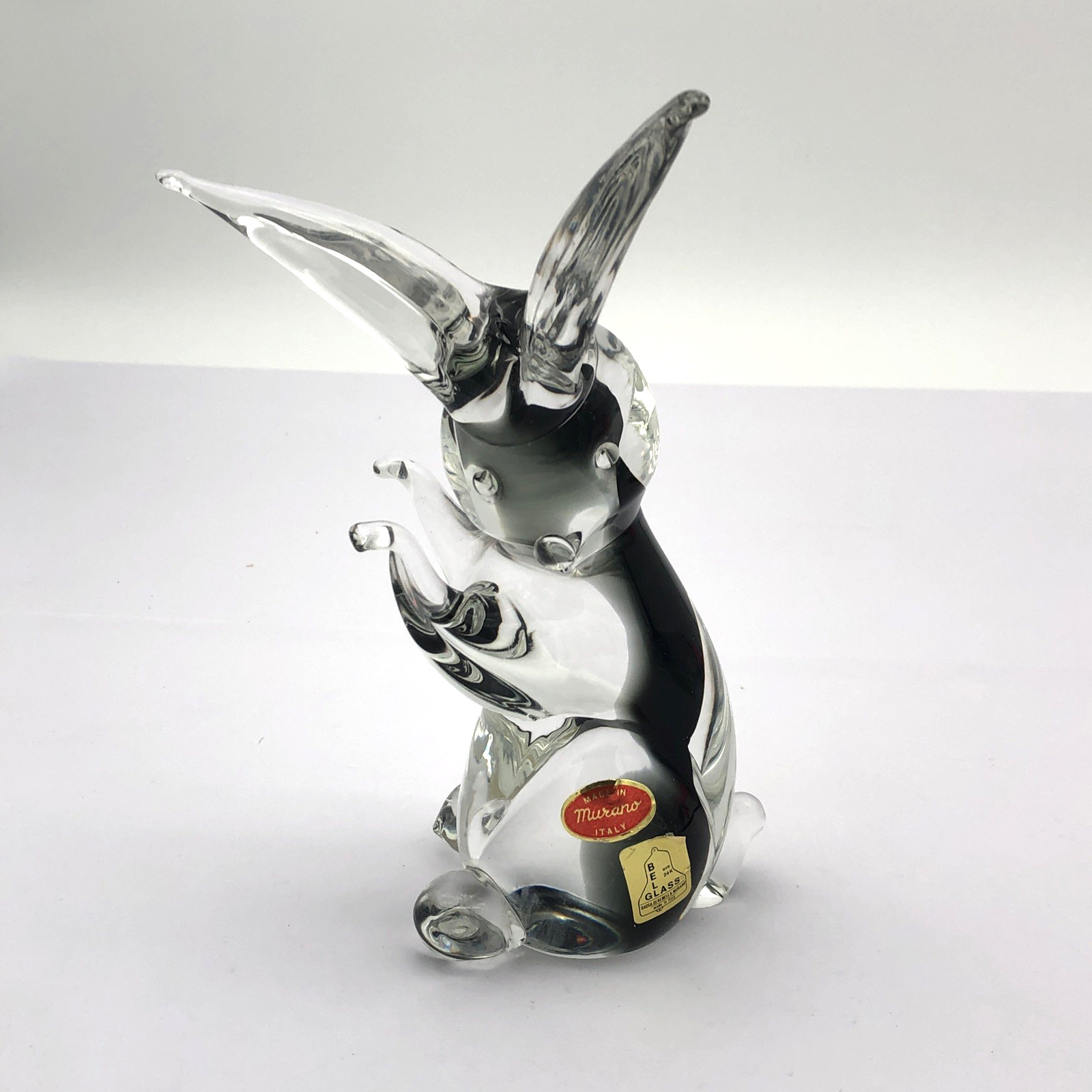 Vintage Murano Style Handcrafted Charcoal Black Glass Long Ear Rabbit Sculpture
