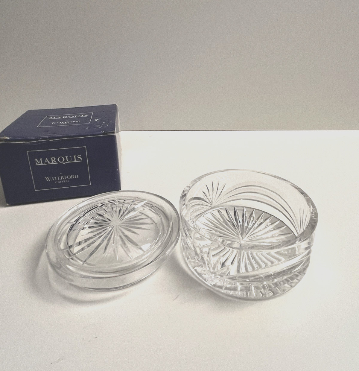 Signed Marquis by Waterford Crystal Round Trinket Box & Lid Calais Pattern NOS