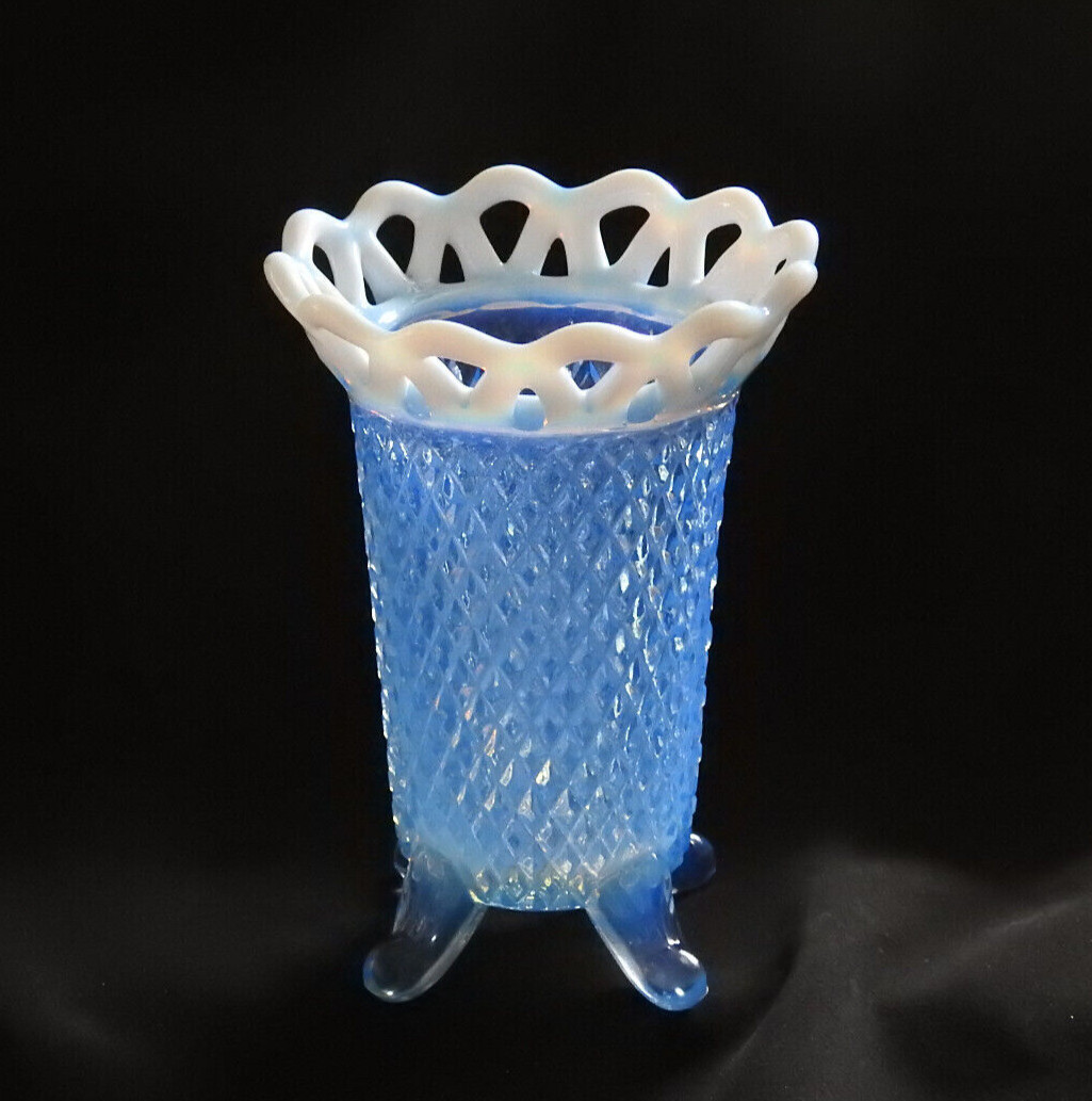 PERFECT Vintage Imperial Glass Blue Opalescent “LACED EDGE” Vase!!