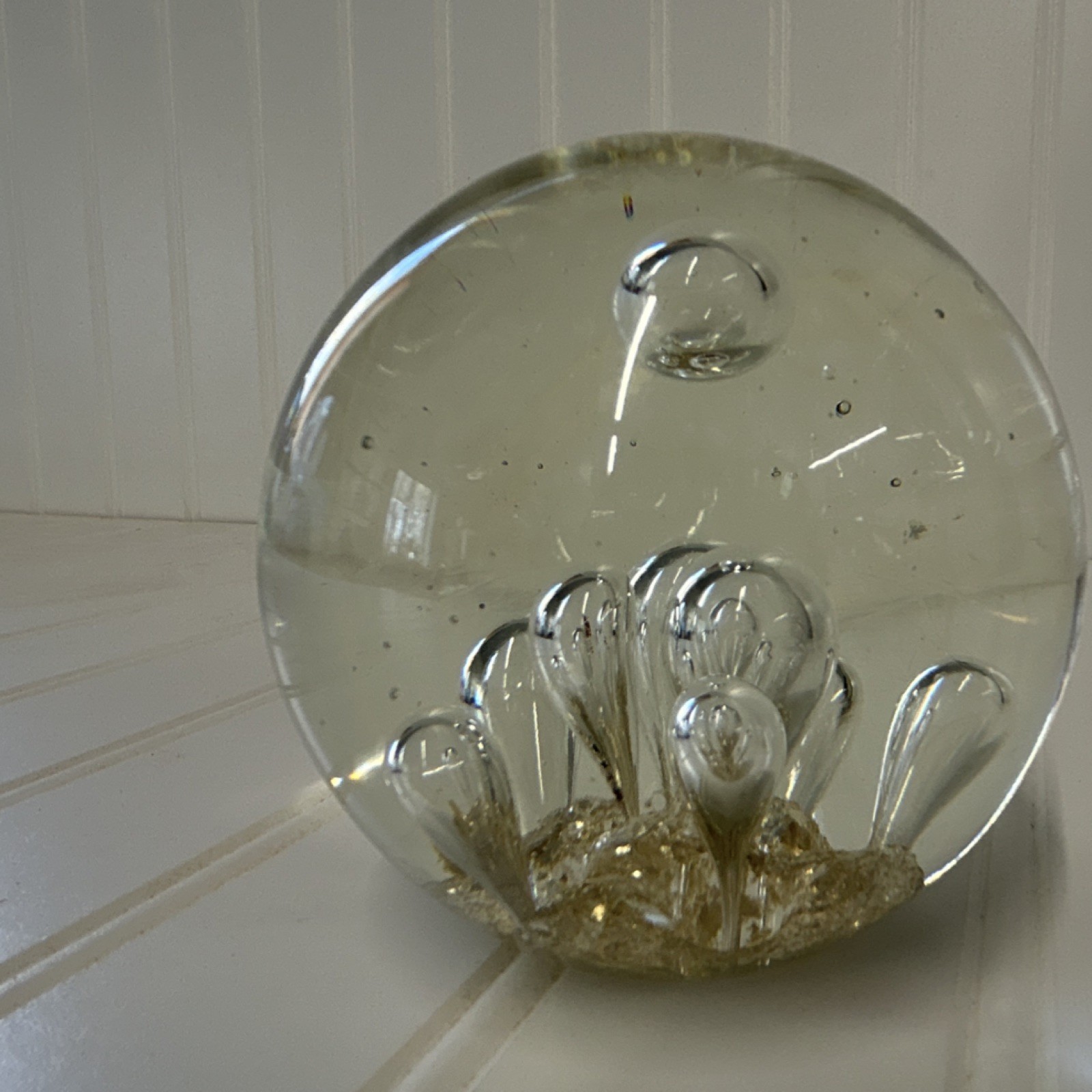Hand Blown Art Glass Paperweight Clear Gold Decorative Glossy Finish