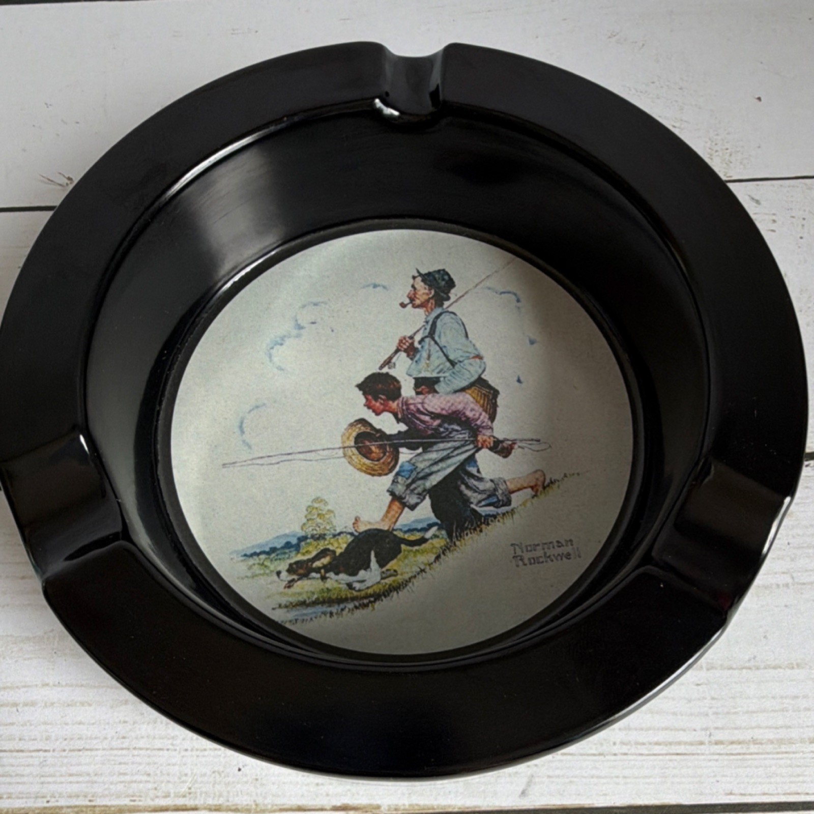American Scene Boy with Dog Norman Rockwell Tabletop Cigar Black Ashtray