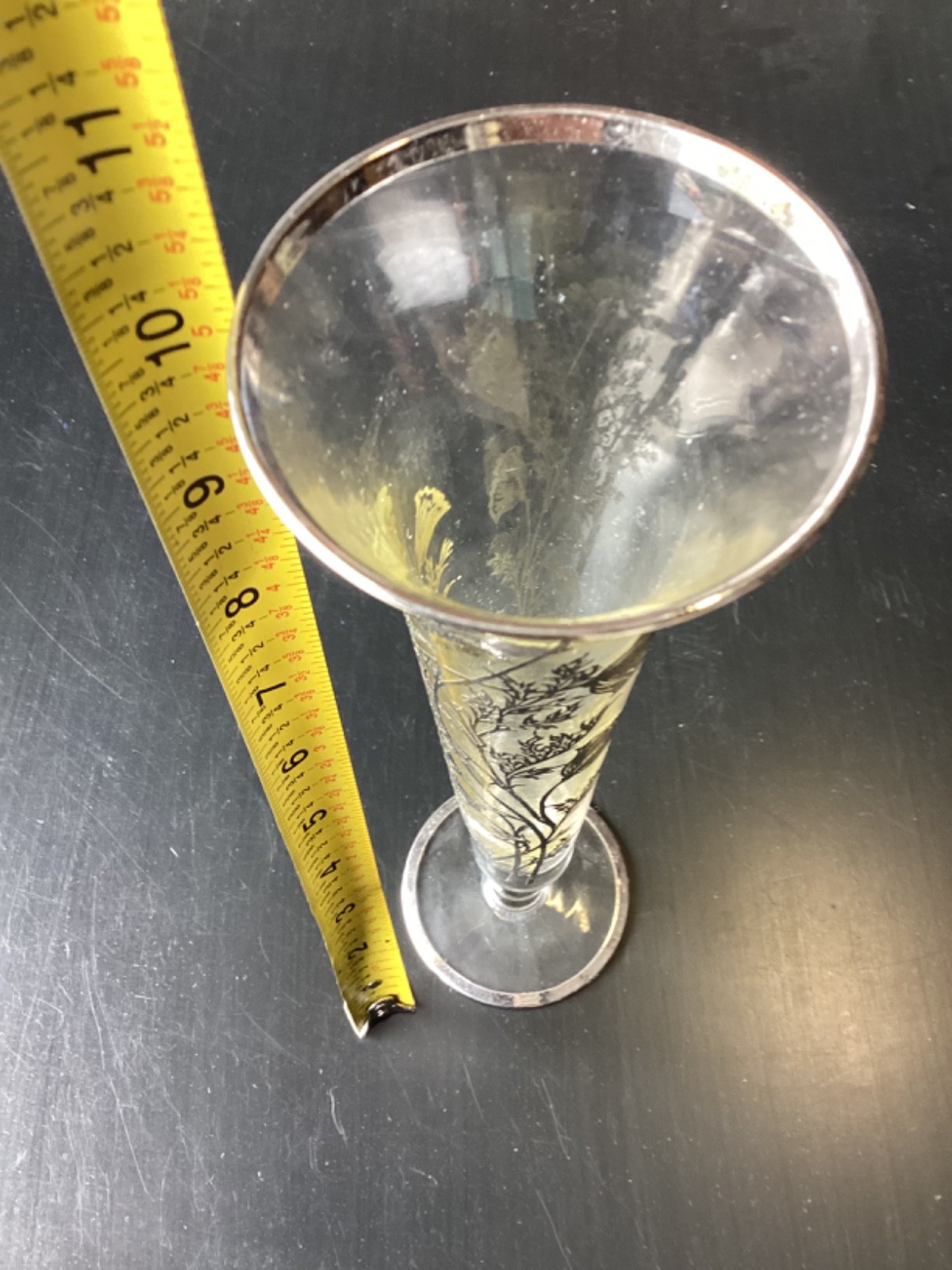 10″ Clear Glass Vase Silver Overlay Bud Vase Good Condition