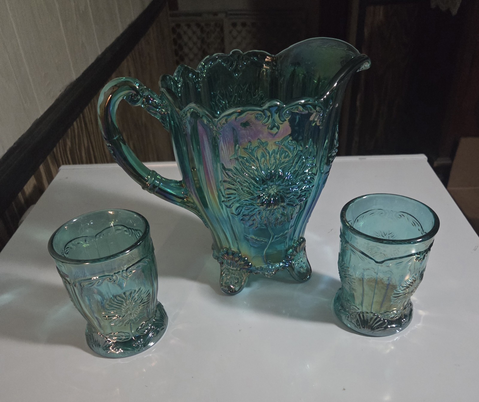 Mosser Glass ~Dahlia Teal Carnival Pitcher~2 Tumblers~3 Piece Set