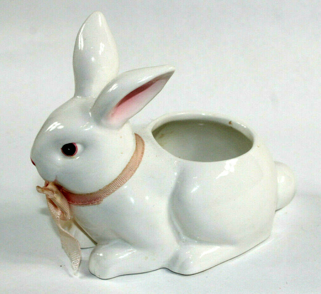 Vintage Pottery Rabbit Planter White Pink Ears Bow 4 3/4″ Tall 1960’s