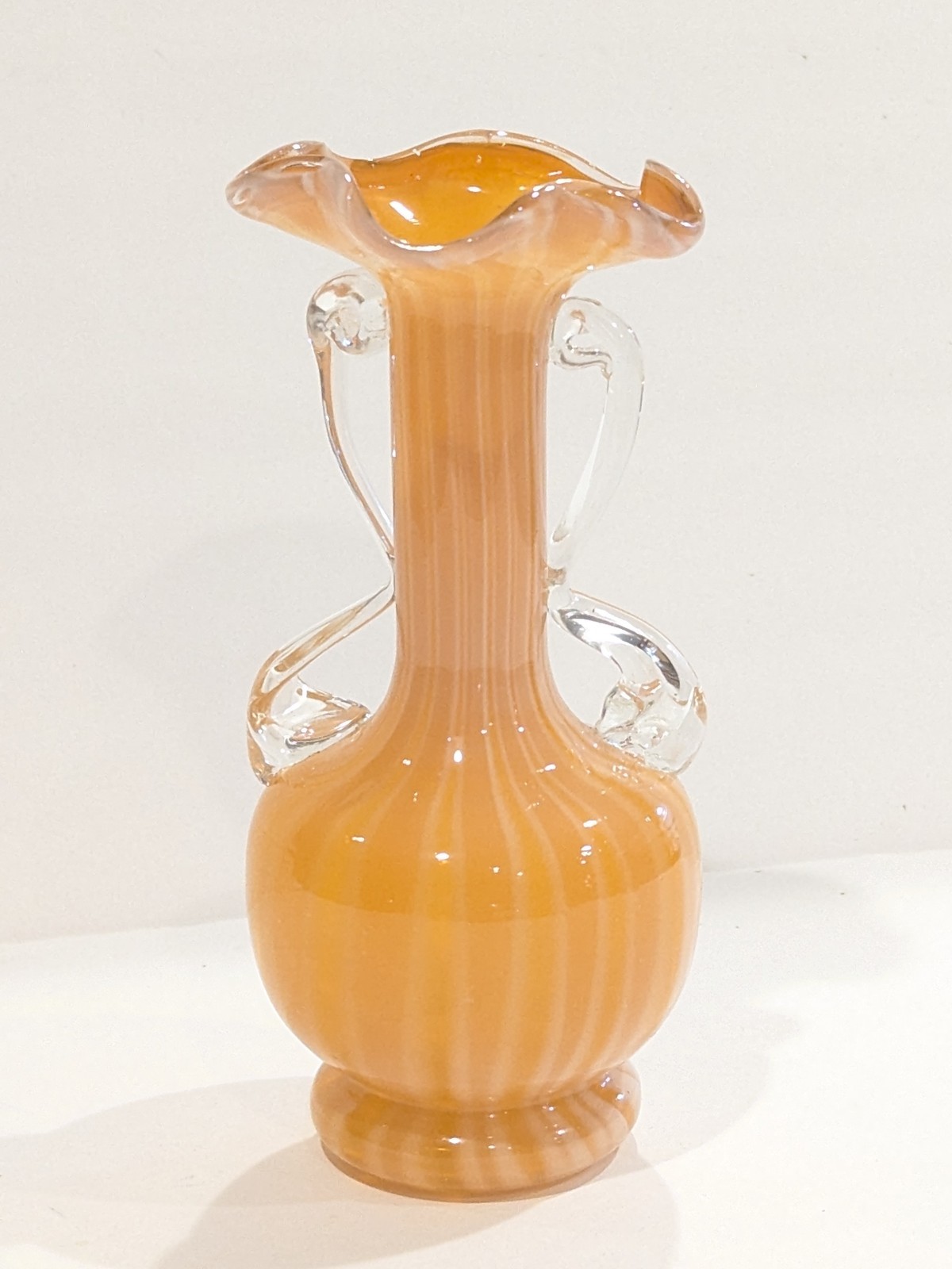Vintage Murano Style Orange Peach White Striped Swirl Art Glass Bud Vase 6.25″