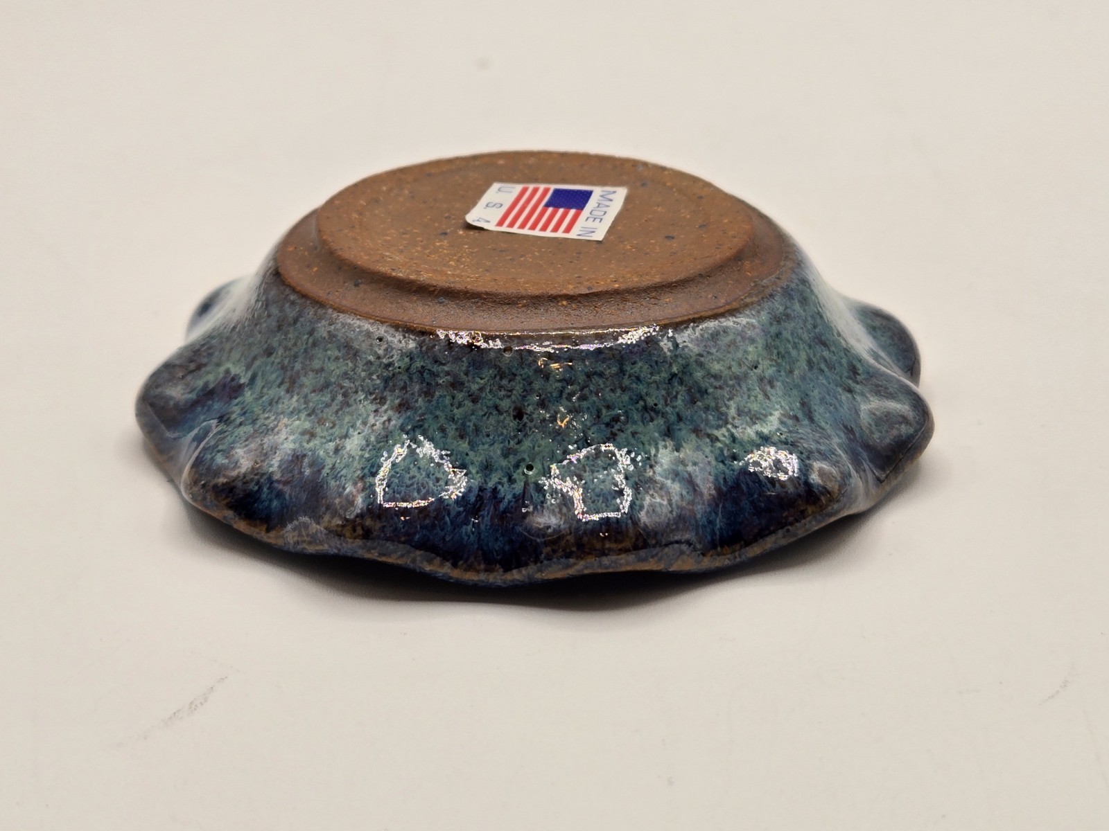Handmade Pottery Trinket Dish Crystalline Bottom Wavy Edge Blues Browns