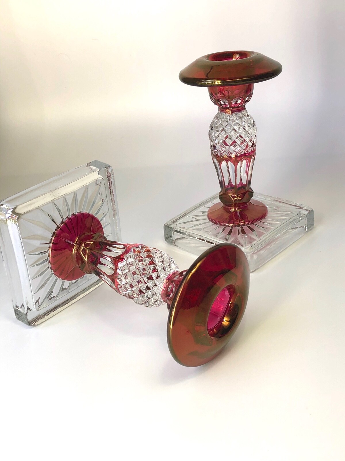 Westmoreland Glass Co.Pr. of Waterford Candlesticks-Pattern #1932 in Ruby stain.