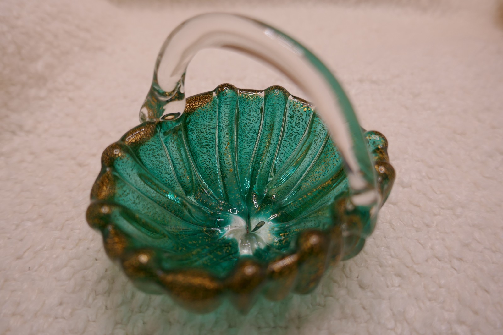 Beautiful Vintage Murano Handmade Teal & Gold Glass Basket – Barovier & Toso?