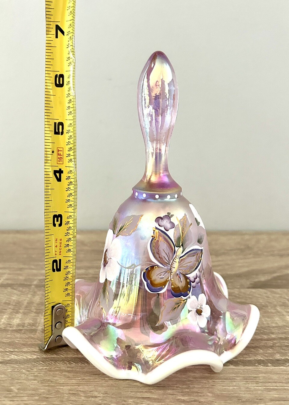 Fenton Pink Iridescent Ruffle Bell Butterfly Floral Hand Painted Signed 510/1500