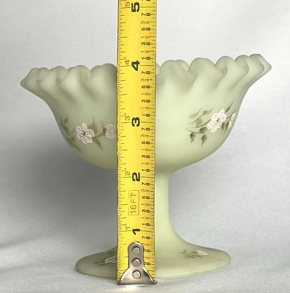 Signed URANIUM Fenton Satin Custard Glass Compote Ruffled Edge & Pink Flowers