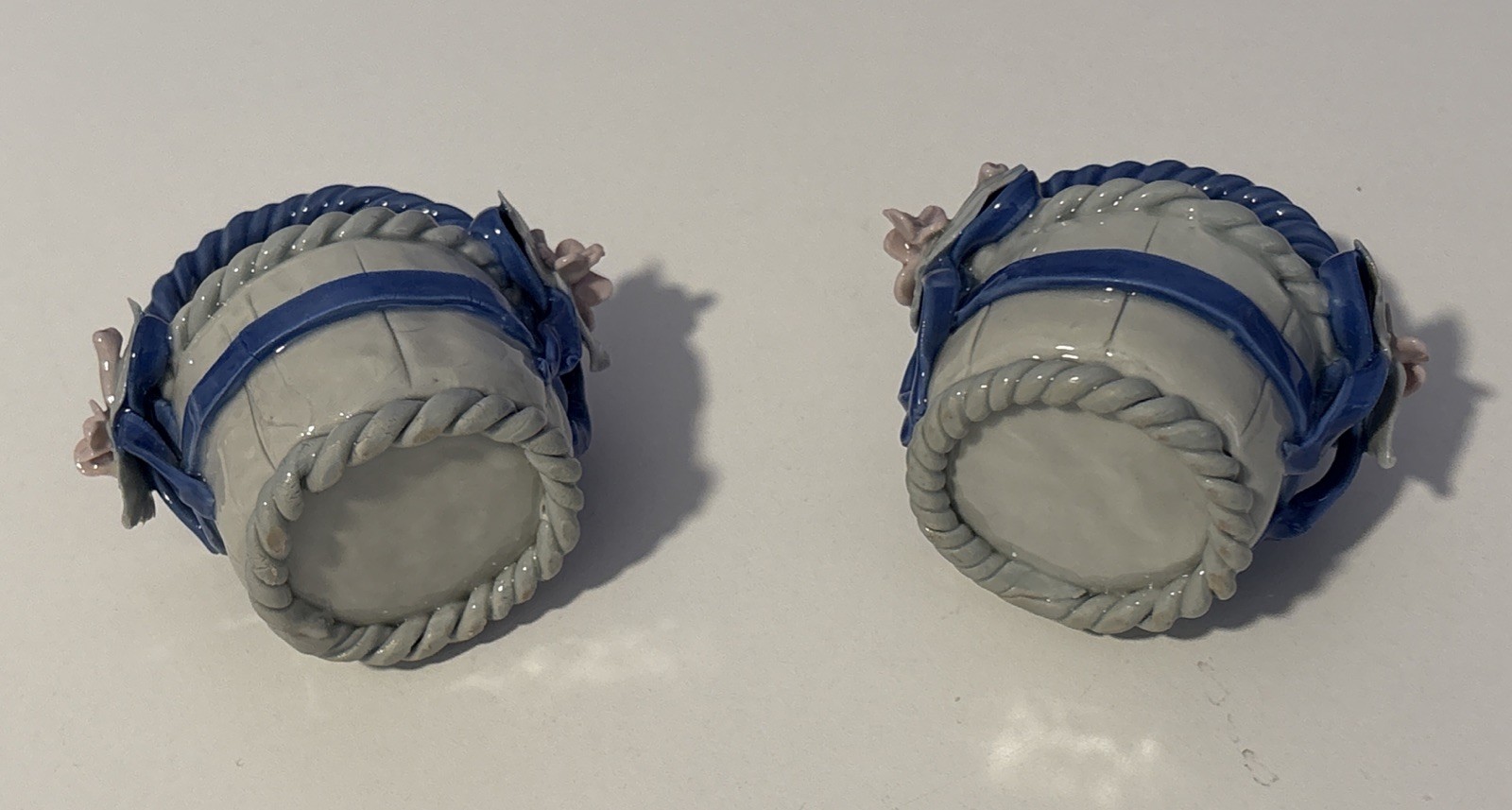 2 Vintage Mini Blue Ceramic Baskets Flower Embellishments & Braided Handle 3.5″H