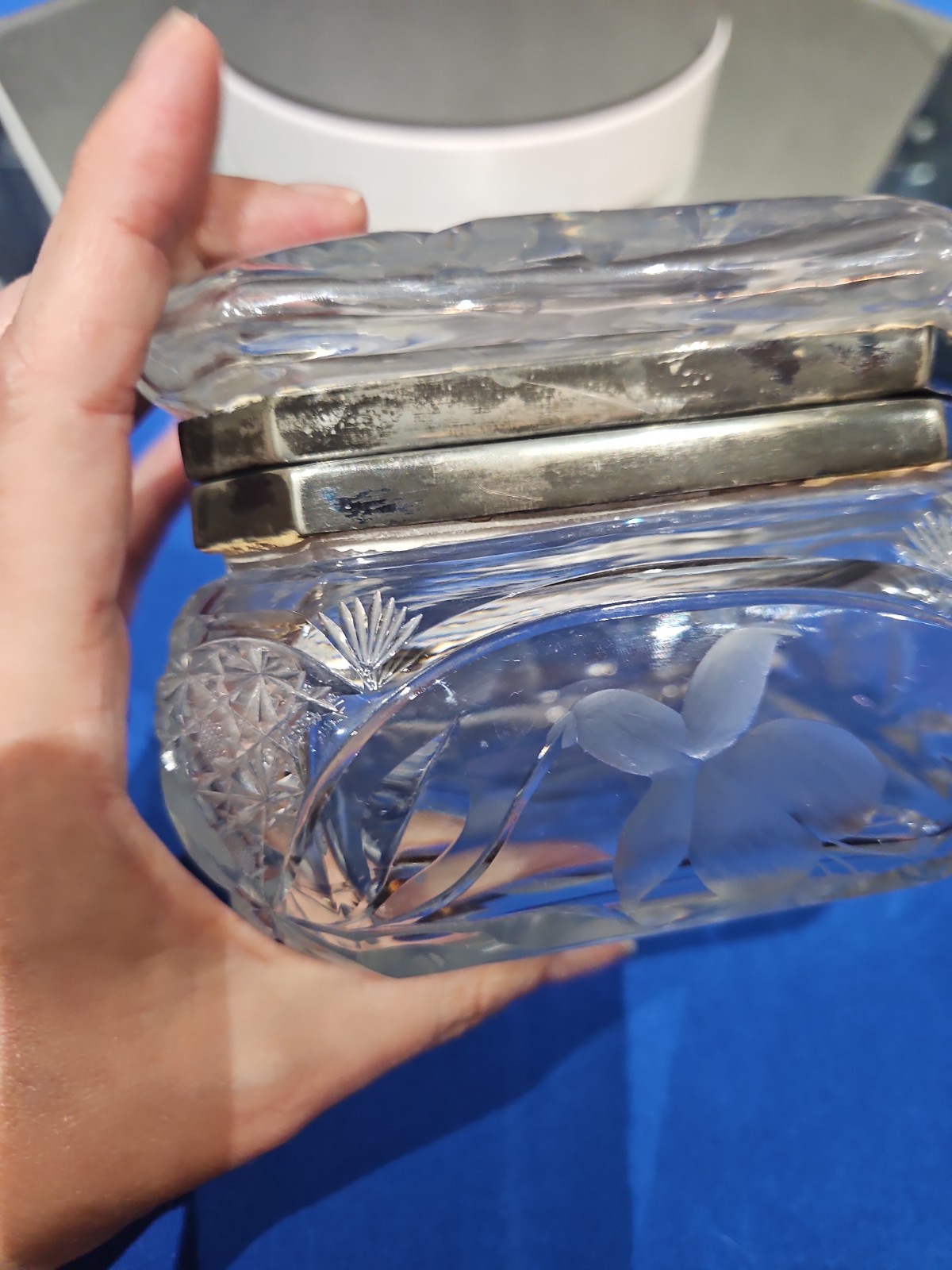 Hinged Handkerchief Box American Brilliant Cut Glass Crystal Sinclaire Fuschia