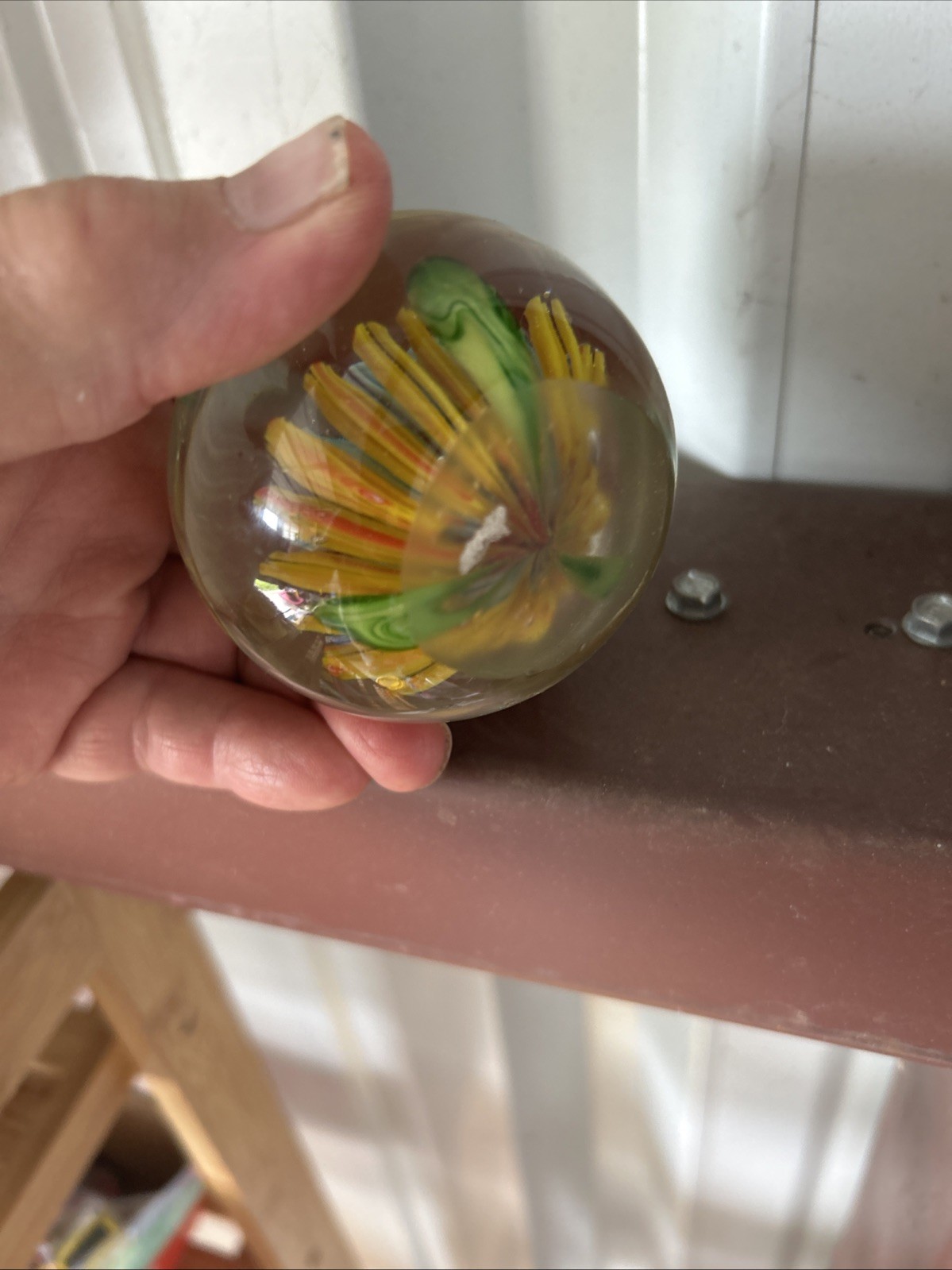 Vintage Murano Style Glass Millefiore 3 Inch Paperweight Yellow Blue And Pink