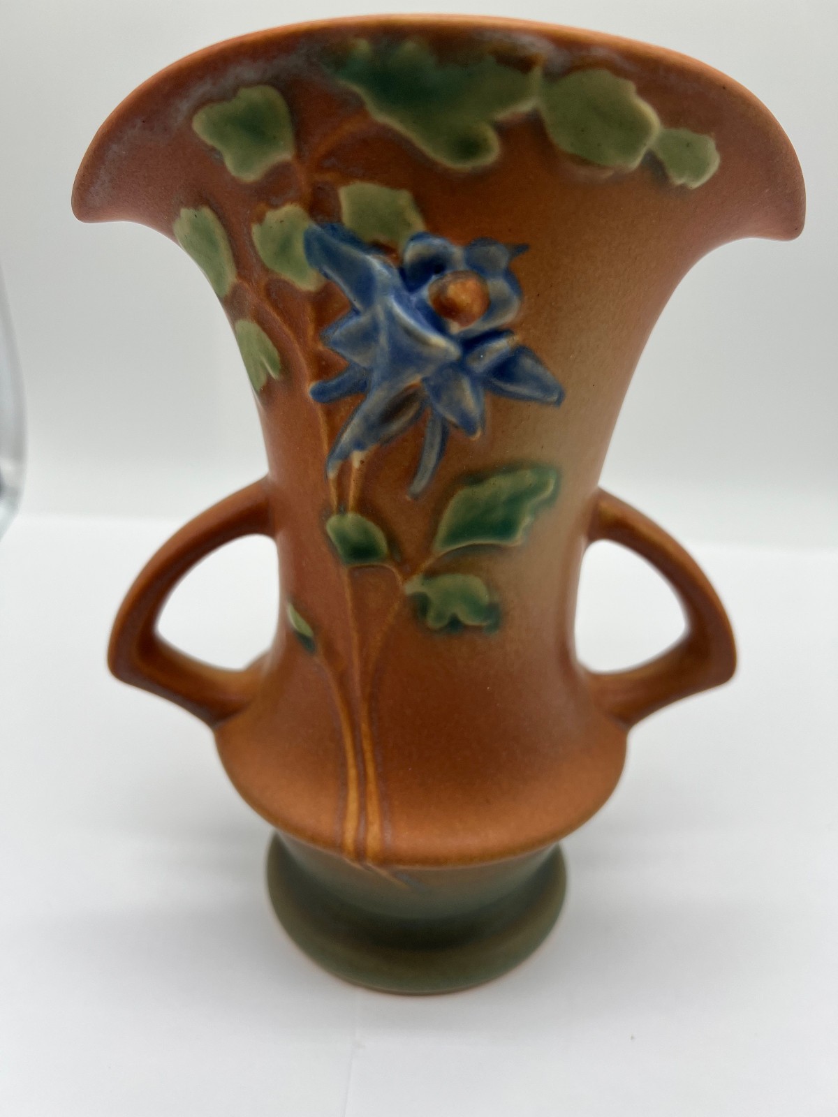 Vintage Roseville Pottery ~ 2 Handled Vase ~ Brown/Blue Columbine