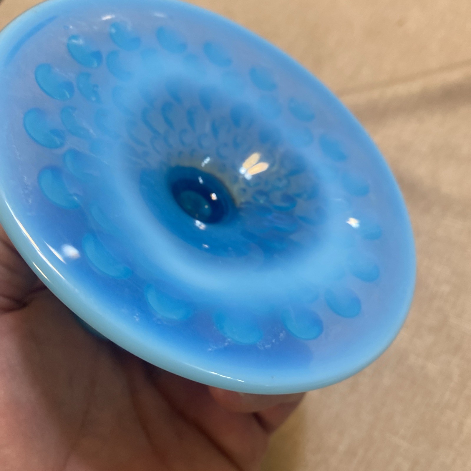 VTG! Rare! PAIR OF 1950’s Fenton Aqua Blue Opalescent Hobnail Candleholders