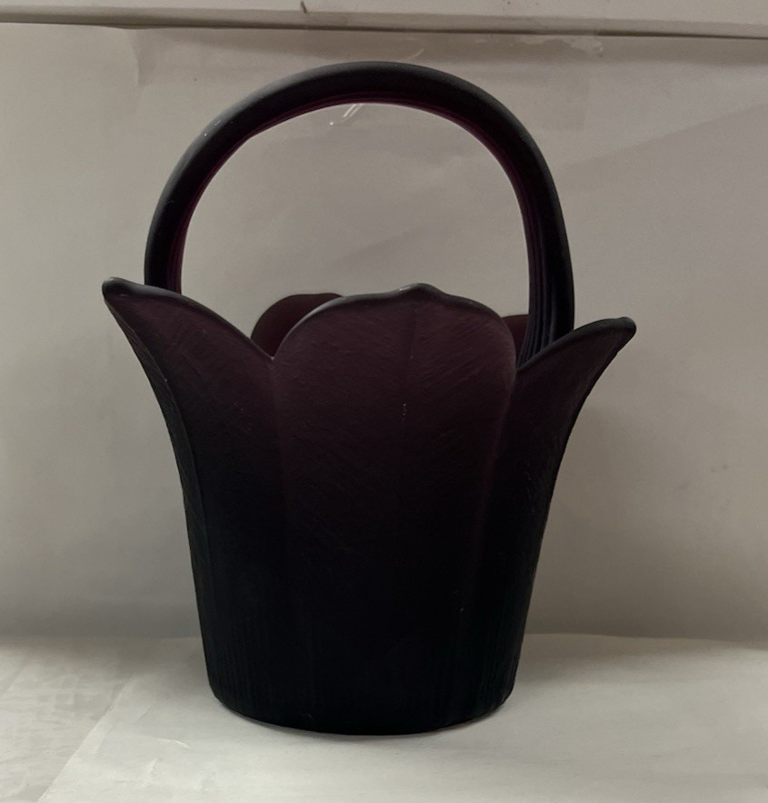 Vintage Purple Flower Petals Leaves Matte Finished Satin Art Glass Basket Vase