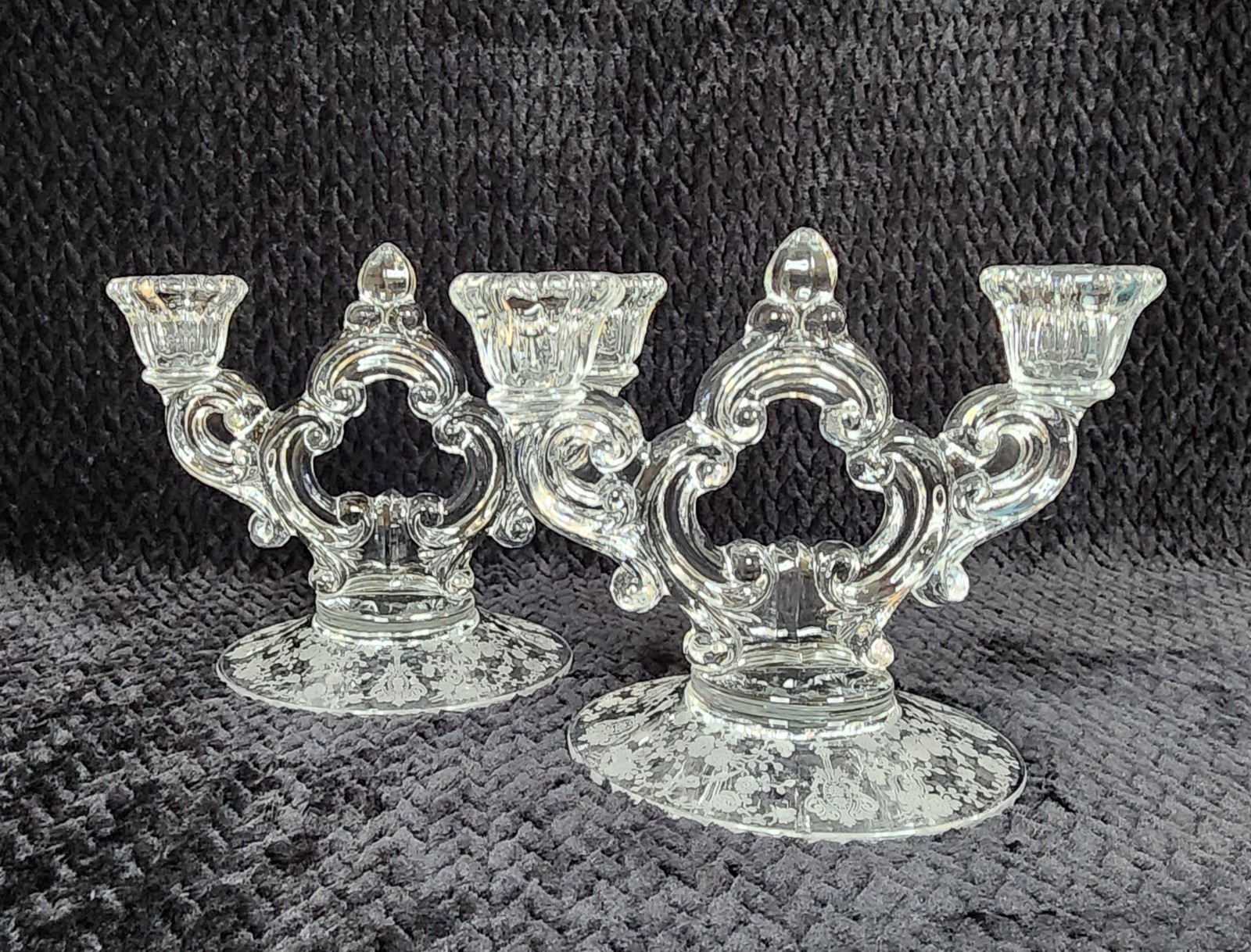 Cambridge Rose Point Keyhole Double Candlestick Holders | Pair | Etched UV Glow