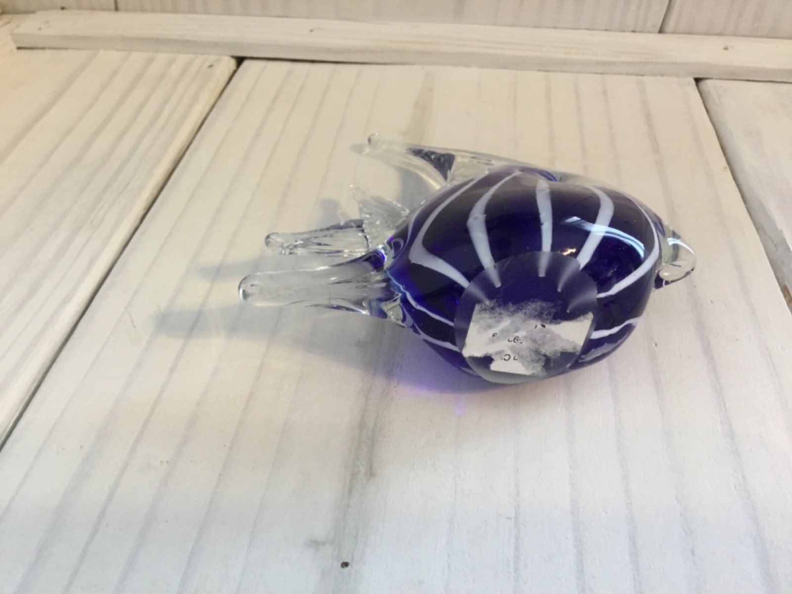Hand Blown Art Glass Angel Fish Paperweight Figurine Blue Clear White