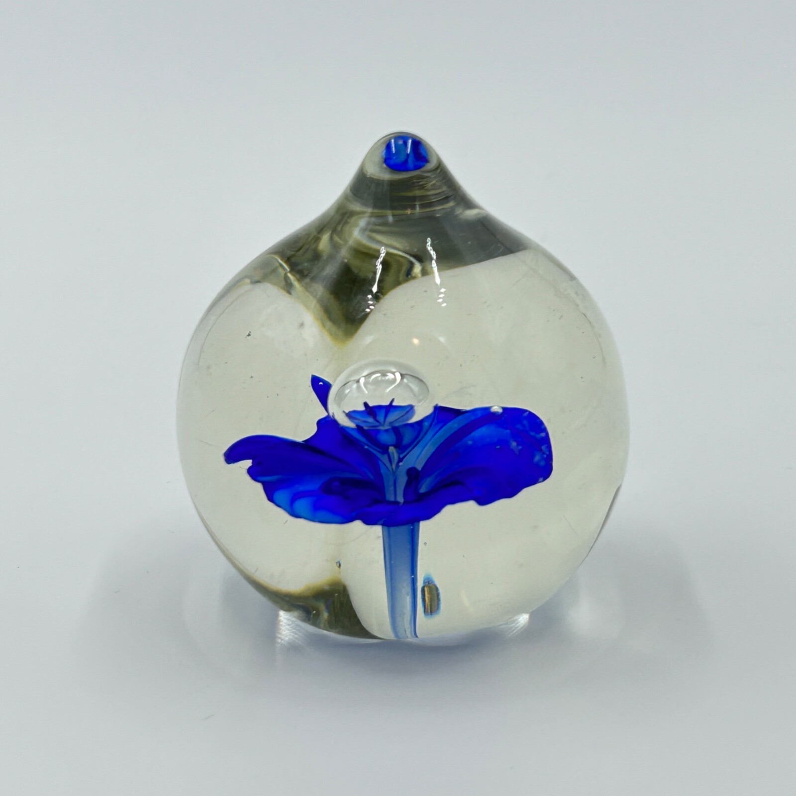 Vintage Art Glass Paperweight – clear with blue flower and controlled bubble