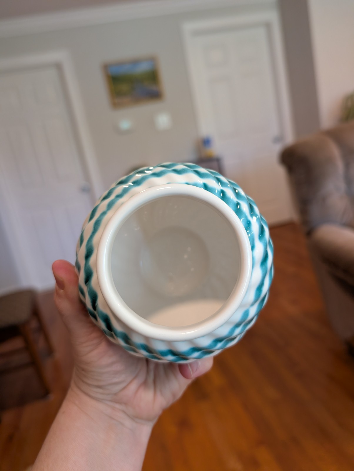 White & Green Textured Woven Pattern Ceramic Vase, Glossy Decorative Finish