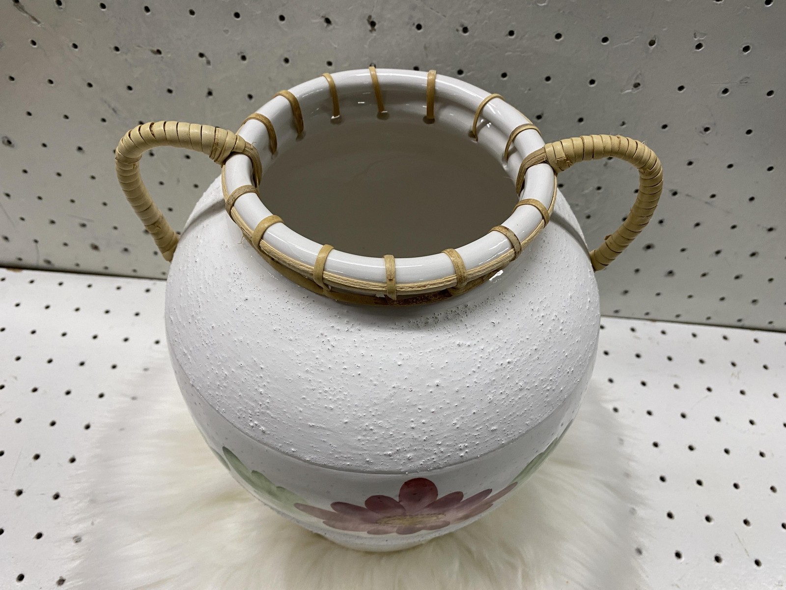Hand Painted Ceramic Vase Textured White Floral Wicker Handles Decorative