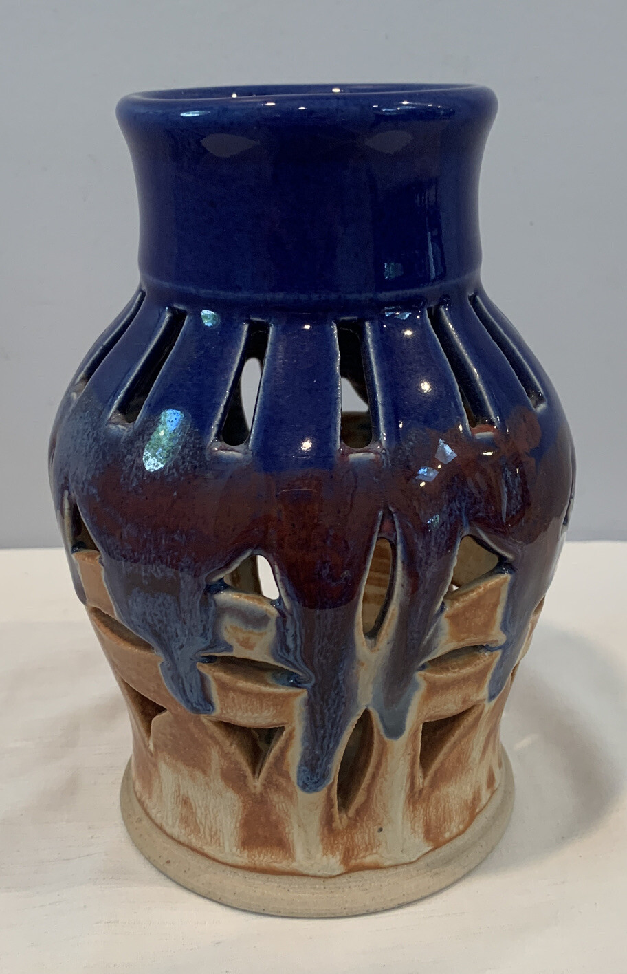 VTG Pierced Art Pottery Votive Holder Cobalt Blue & Brown Glaze Signed And Dated