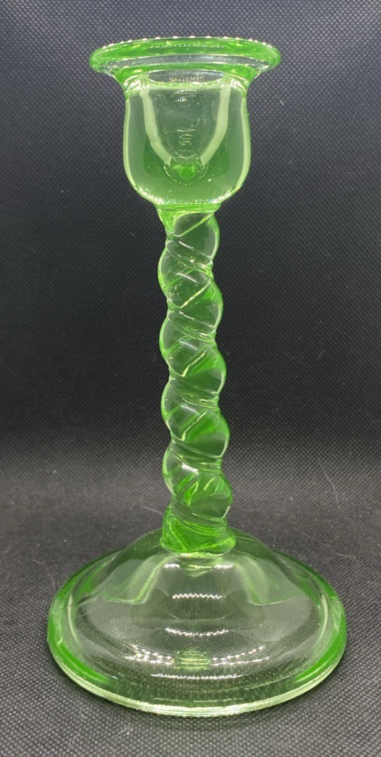 VTG Tiffin? Uranium Single Candlestick Holder 7″ Tall Spiral Twist GLOWS!