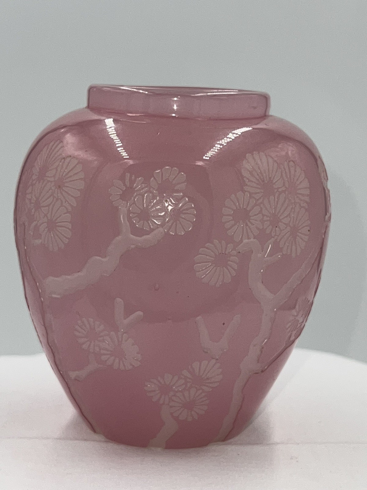 Carder Steuben Art Glass #5000 Acid Etched Rosaline Alabaster “Japanese” Vase