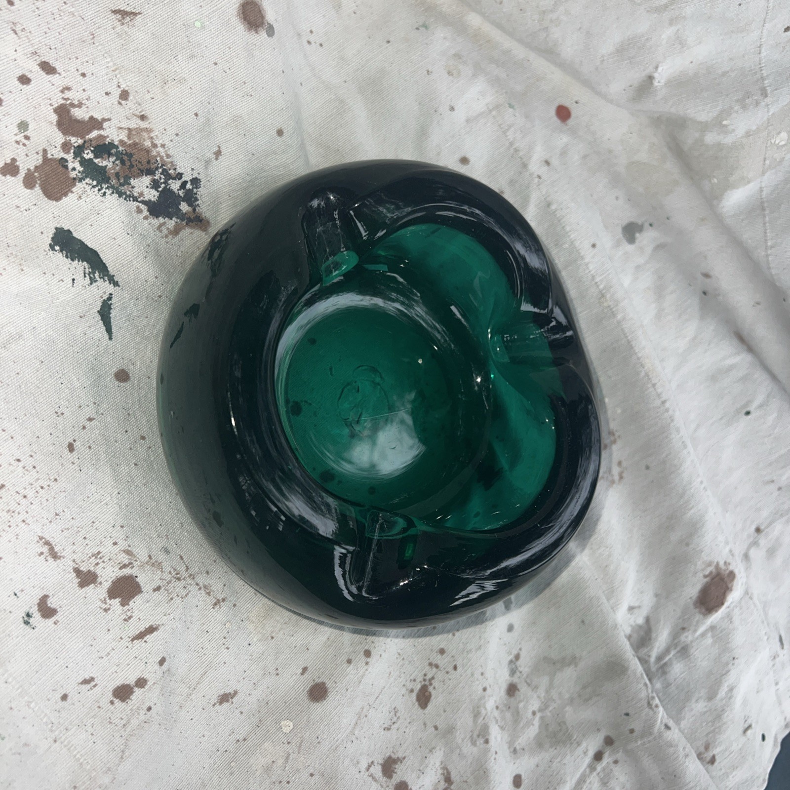 Vintage 60’s Emerald Green Blown Glass Ashtray Murano Style Orb MCM 4lbs 4.5ozs