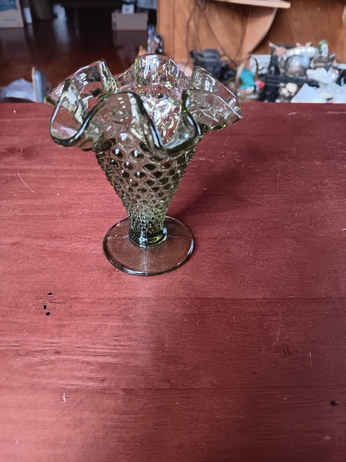 Vtg~Fenton~Colonial Green~Hobnail Mini Trumpet Vase with Ruffled Edge 4″. 1331