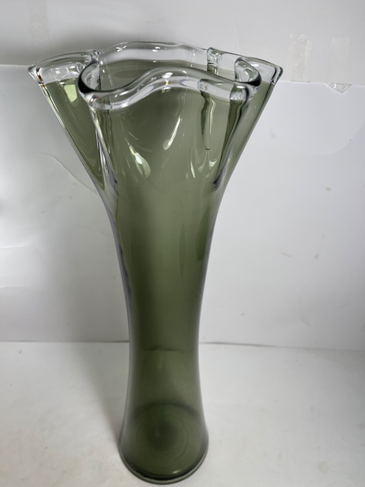 Vintage Hand Blown Glass Smokey Gray & Clear Top Ruffle Swung Vase 17.5 in.