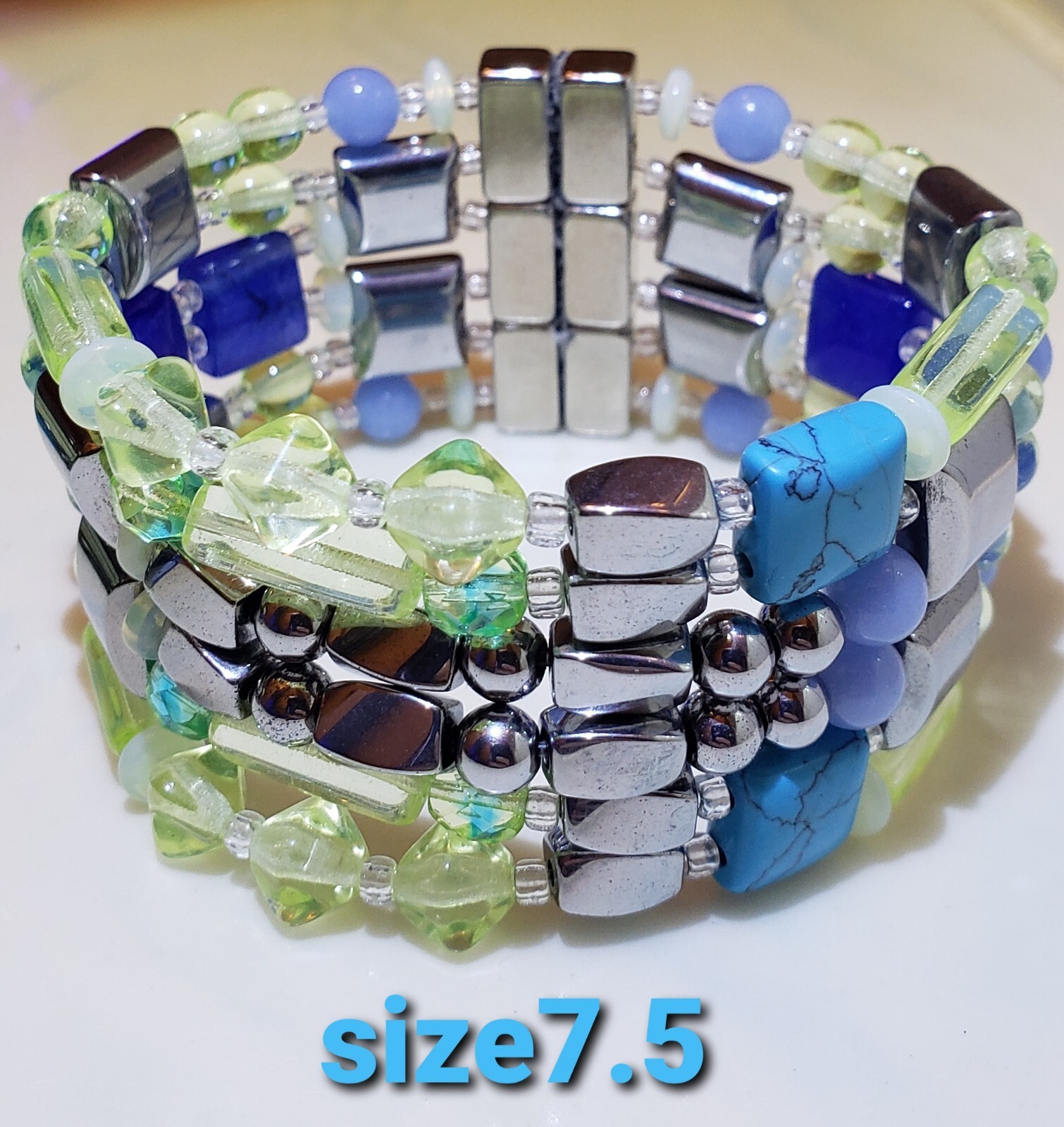 Magnetic Hematite Cross Bracelet with Yellow Vaseline Glass Beads Men Women 7.5