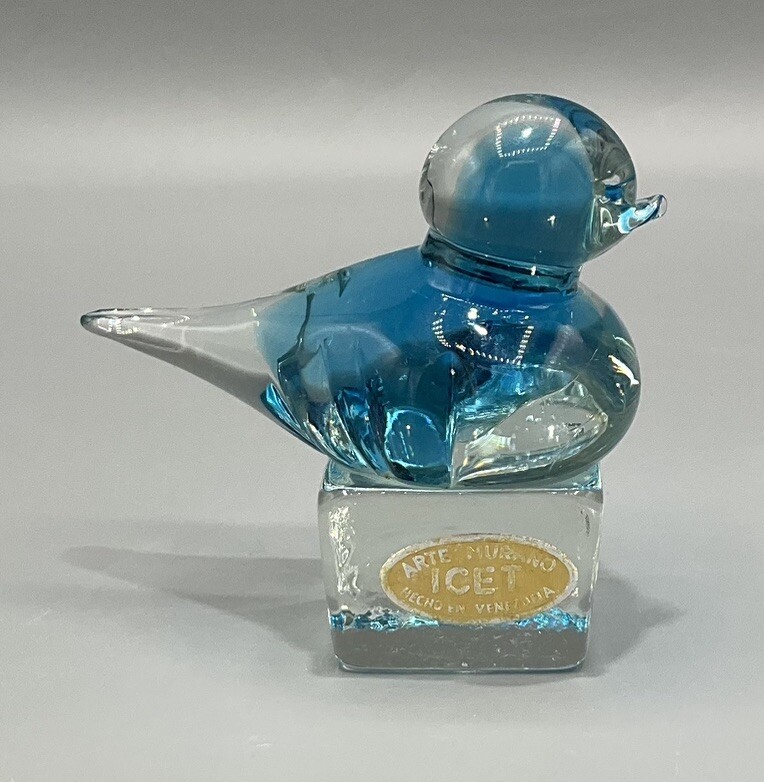 Vtg Blue/Clear Glass Bird on Cube ICET Arte Murano Uranium or Manganese UV Glow