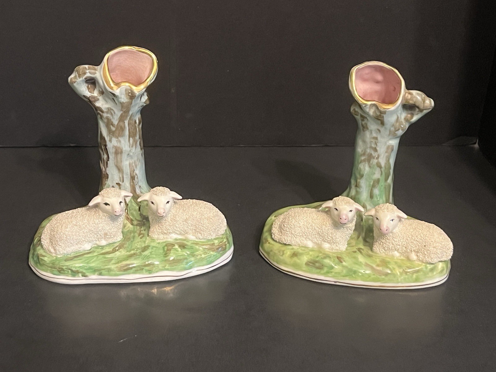 Pair Antique Staffordshire DOUBLE Sheep Spaghetti Spill Vases