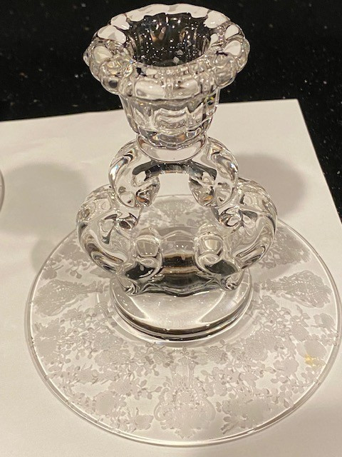 Vintage Pair Candleholders Etched Cambridge Rose Point Keyhole Single Light