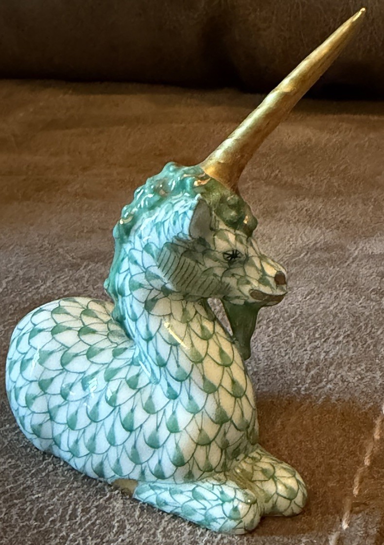 Herend Hungary Porcelain Fishnet Unicorn Figurine ~ Green & Gold