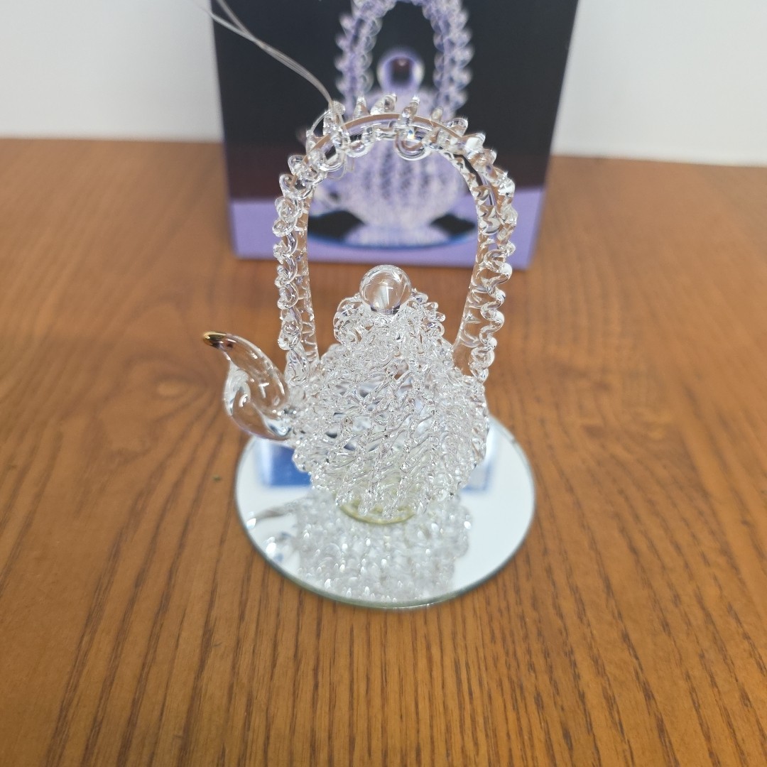 Vintage Spun Glass Teapot Sculpture 24 Karat Plated Mirror Base 3 inch