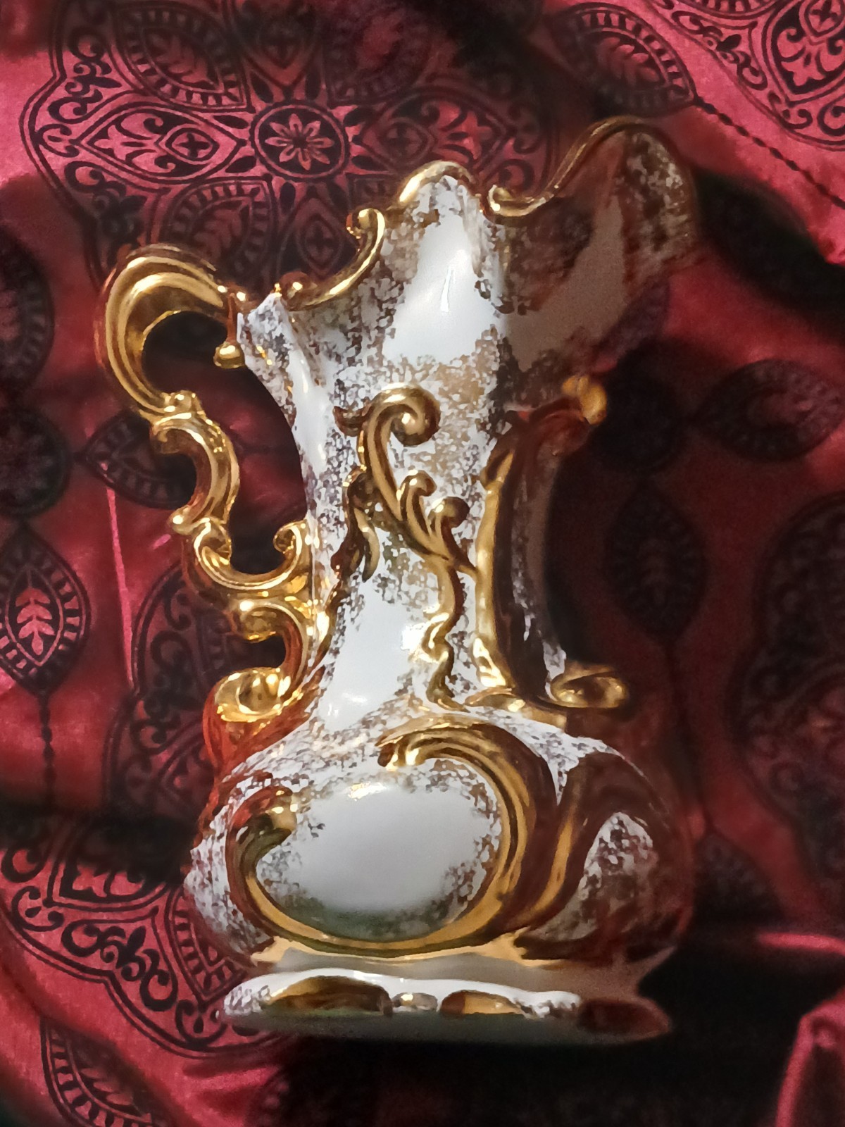 Rare Antique Ornate White Ceramic Gold Gilded Pitcher Vase 10.5 in