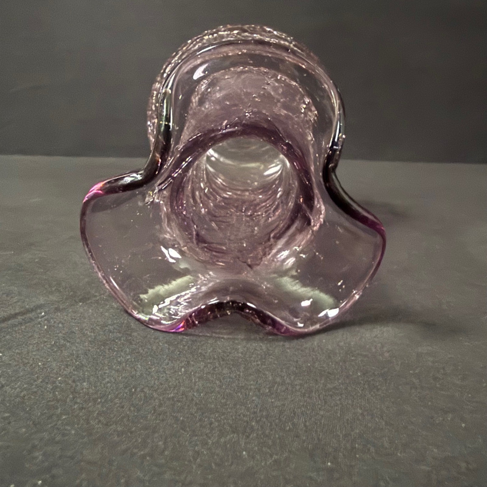 Vintage Crackle Glass Bud Vase Ruffled Rim Hand Blown Amethyst Teaberry Thistle