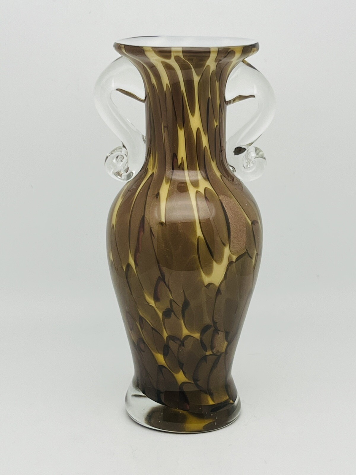 Burton+Burton Hand Blown Splatter Glass Vase Applied Clear Handles Copper Accent