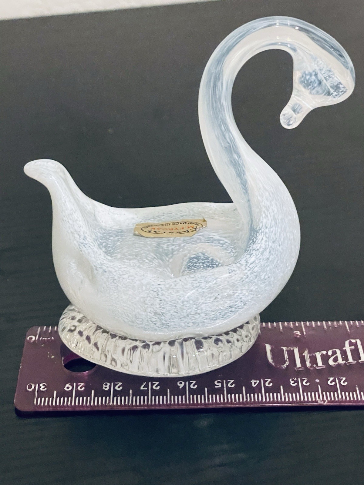 M. Pyrcak Crystal Swan, Handmade in Poland, White Speckled Art Glass Swan, 3.5”