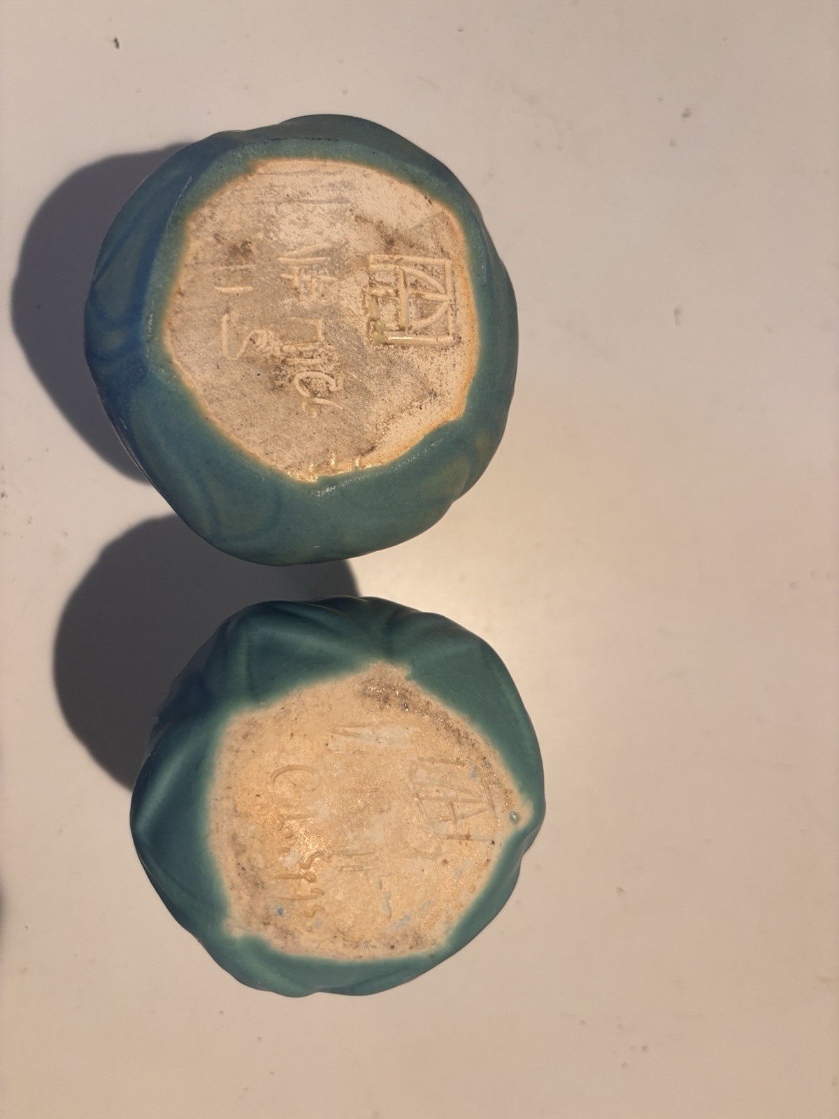 Van Briggle Turquoise Onion Bulb Ming Blue Green Pottery Vases (2) 4 1/4″ H