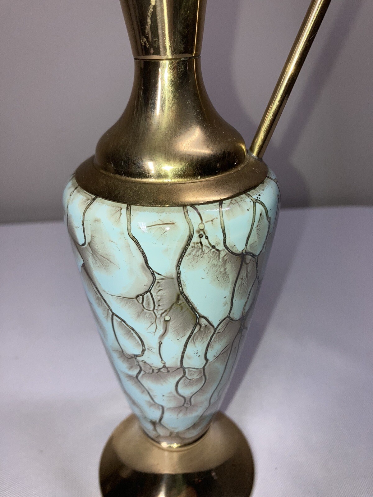 Vintage Delft Holland Brass & Enamel Pitcher 11” Tall Baby Blue