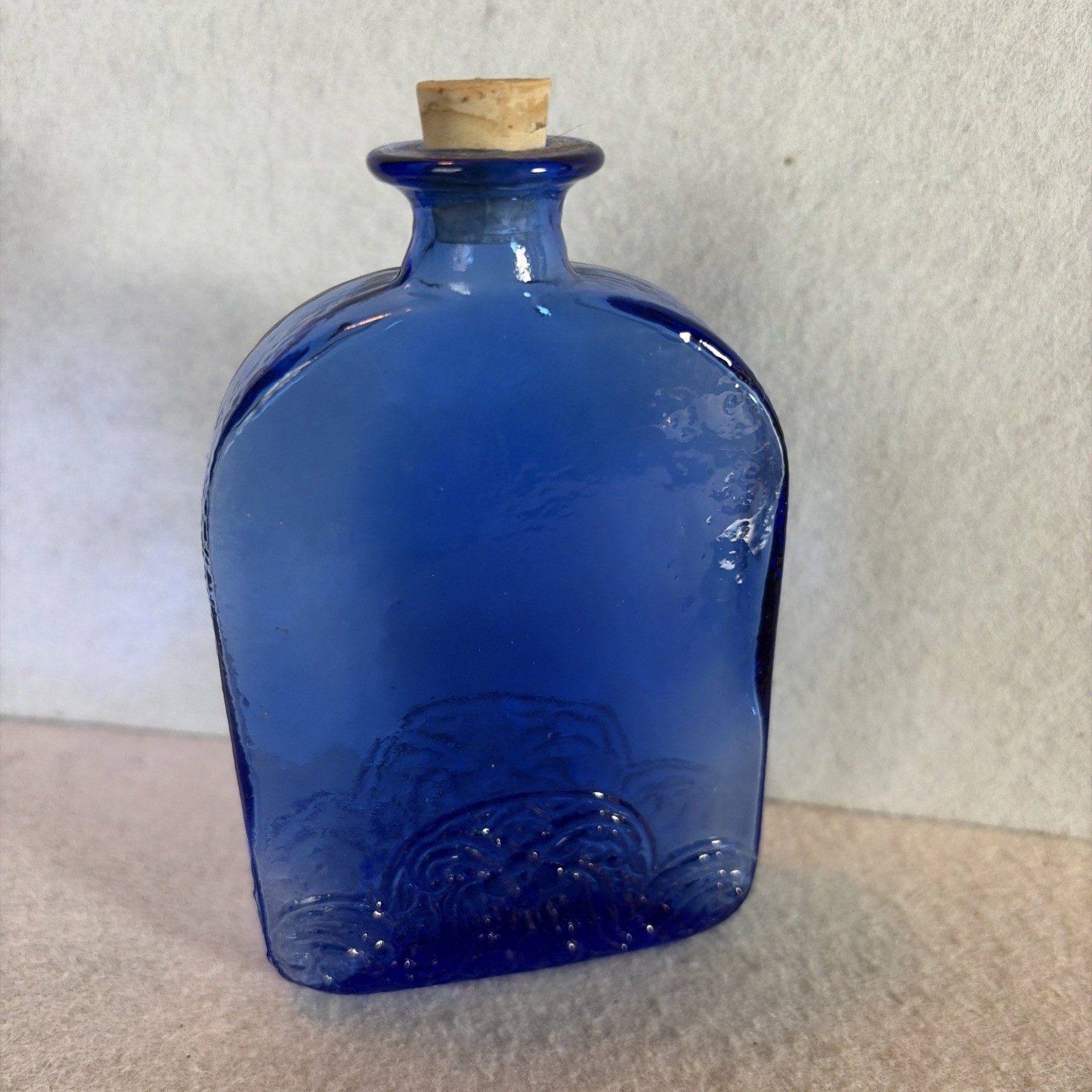 Vintage Cobalt Blue Recycled Embossed Flask Bottle By Vidrios de Levante 4.5” T