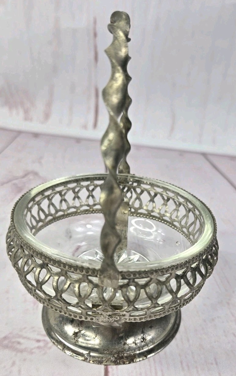Vtg Hand Blown Candy Nut Silver Plate Glass Bowl Dish Rose Basket Twisted Handle