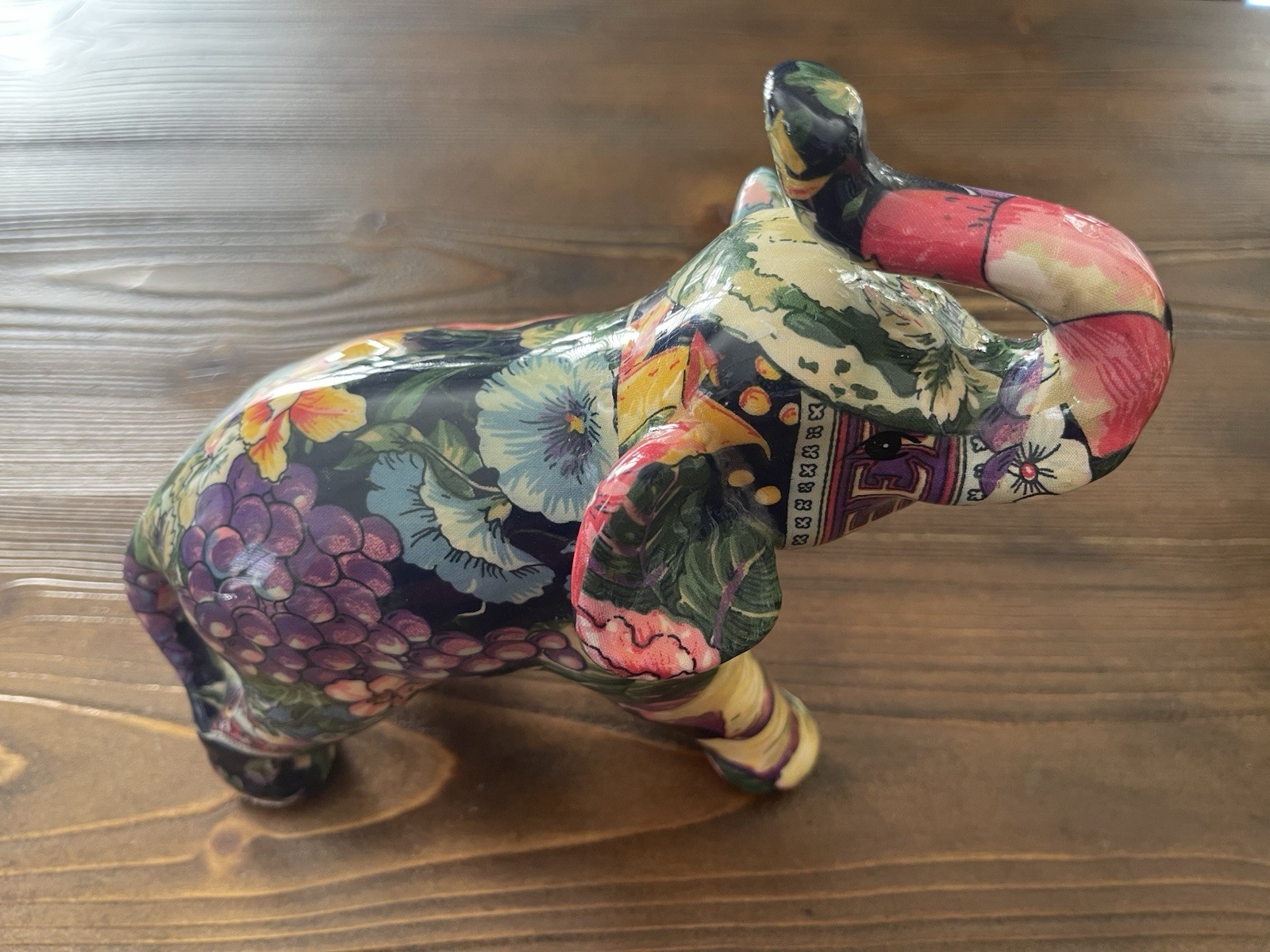 Colorful Floral Elephant Figurine 8” Decoupage Style Boho Decor Made in China